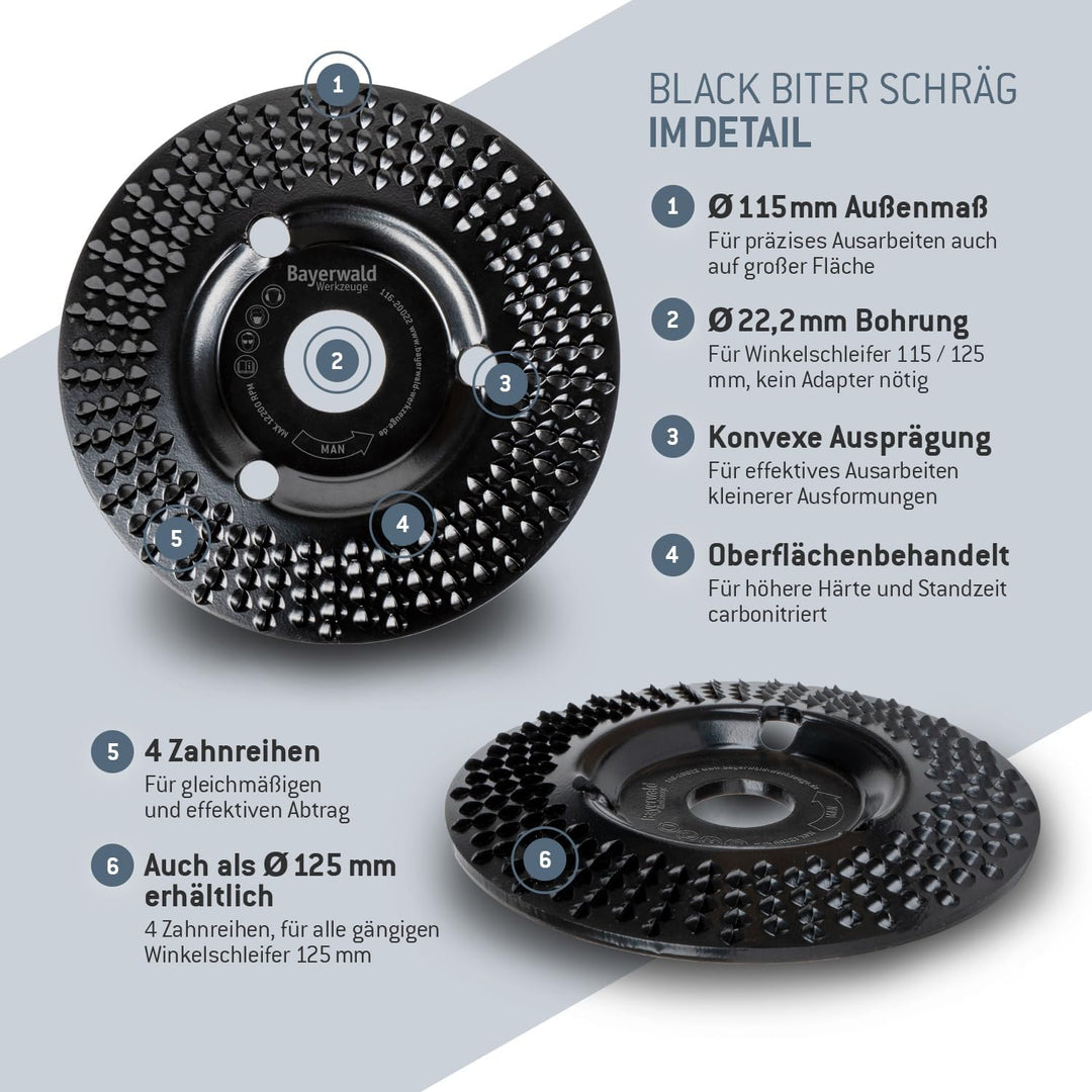 Bayerwald"Black Biter" - Raspelscheibe - Ø 115 mm x 22,2 mm | schnelles, grobes Abschleifen von Holz