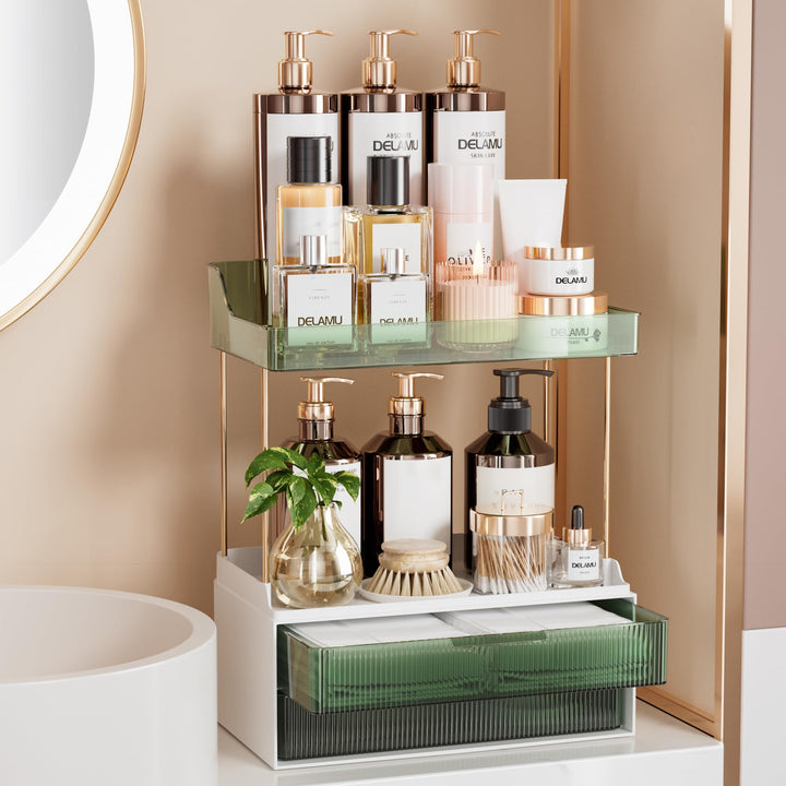 Delamu Make Up Organizer mit 2 Schubladen, 2 Etagen Kosmetik Organizer, Multifunktions Grösser Kosme