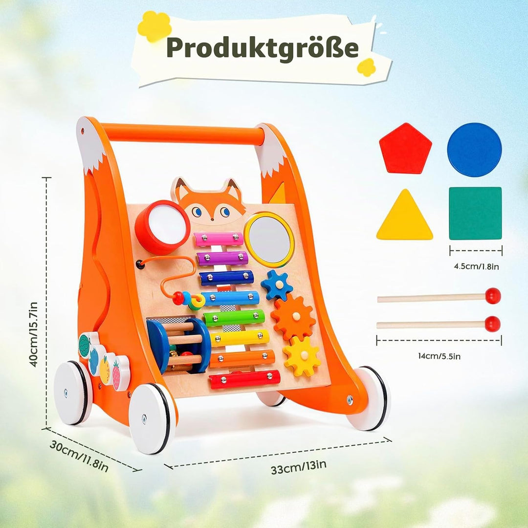 Lauflernwagen Holz für Kleinkinder, Multifunktionale Lauflernhilfe mit Spielbrett und Musik, Laufler
