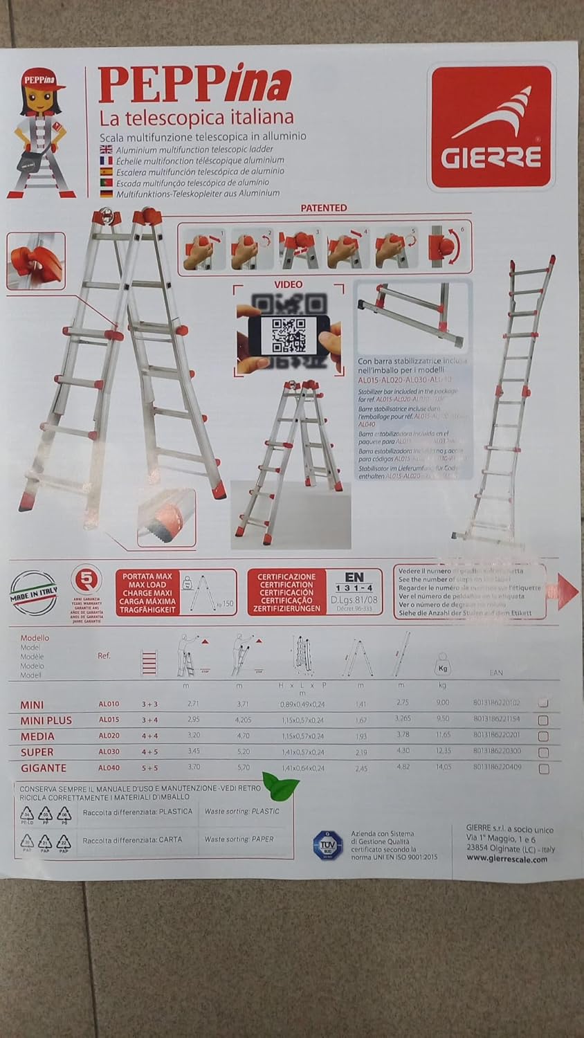 Gierre AL040 Teleskopleiter aus Aluminium EN131 (5+5), Schwarz 5 + 5, 5 + 5