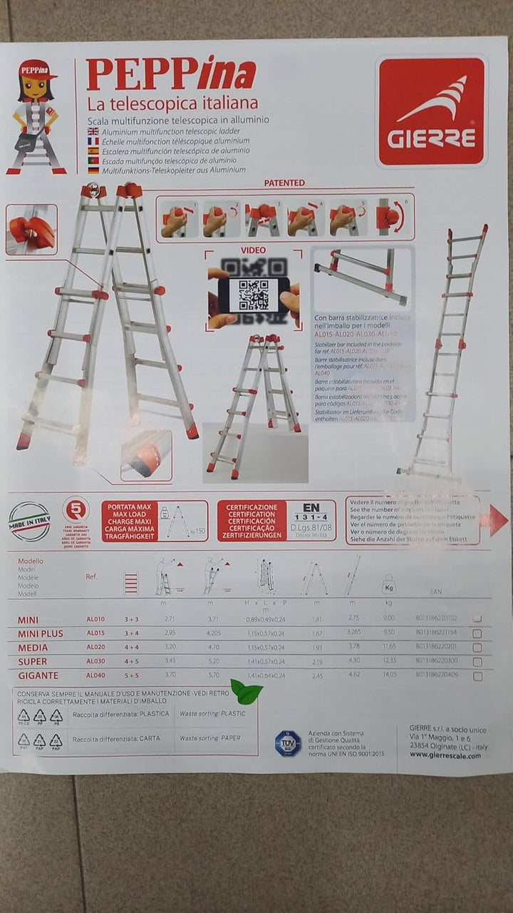 Gierre AL040 Teleskopleiter aus Aluminium EN131 (5+5), Schwarz 5 + 5, 5 + 5