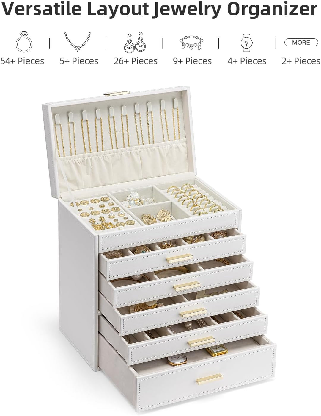 Vlando Modern Schmuckkasten Gross, Schmuckkästchen mit 6 Ebenen, Geräumige Schmuckschatulle Damen, f