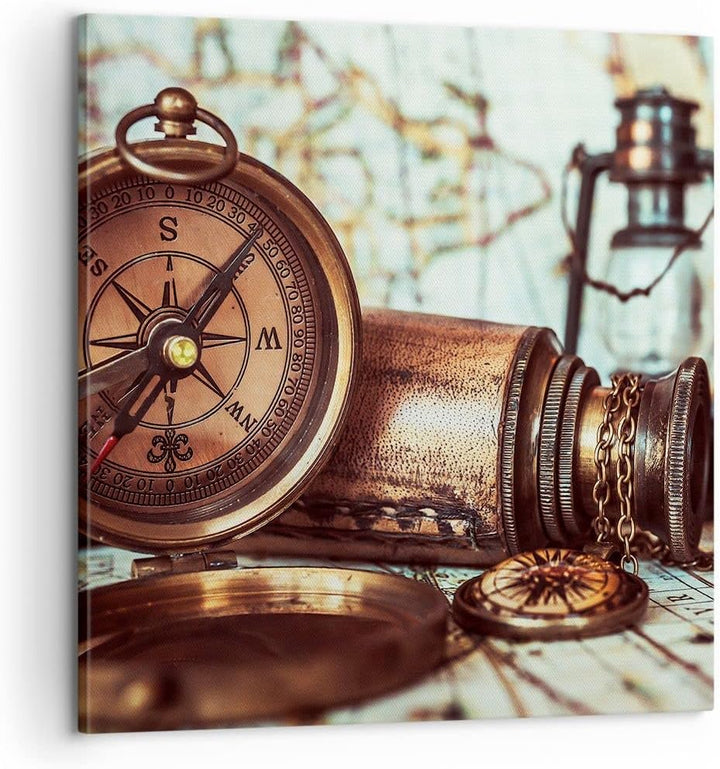 Bilder auf Leinwand Kompass Teleskop Abenteuer antik Leinwandbild 60x60cm Wandbilder Dekoration Wohn