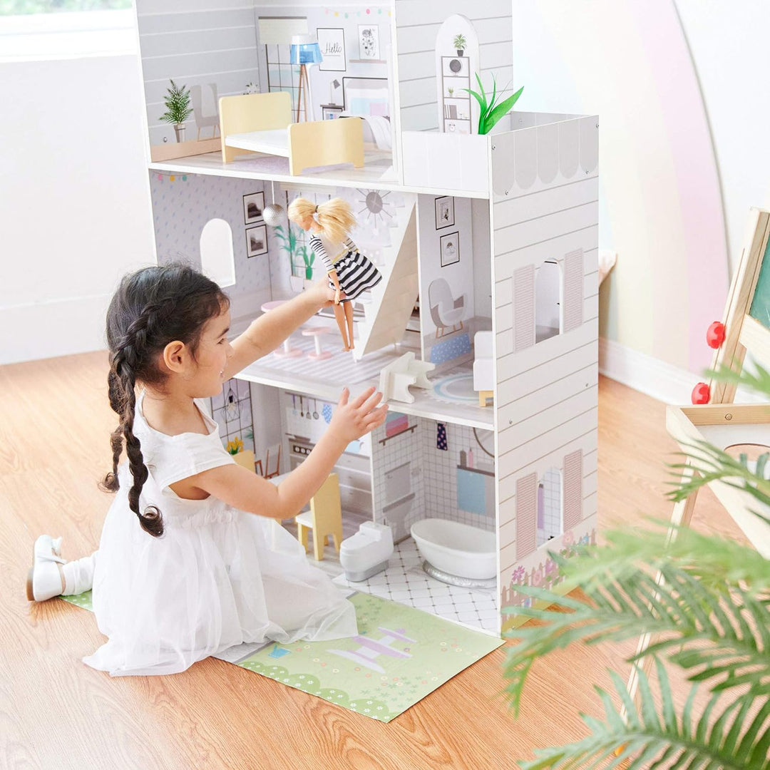 Teamson Kids Olivia’s Little World Grand Kinder-Puppenhaus aus Holz mit 3 Ebenen mit Garten und 16 i