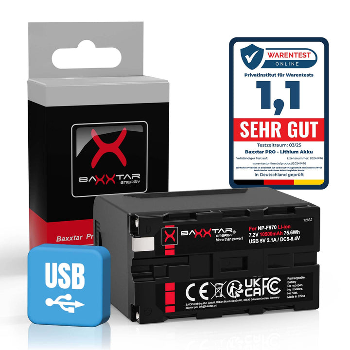 BAXXTAR PRO Akku - NP-F970 Plus (Black Series/10500mAh) - LG Cells Inside - mit Powerbank Funktion (