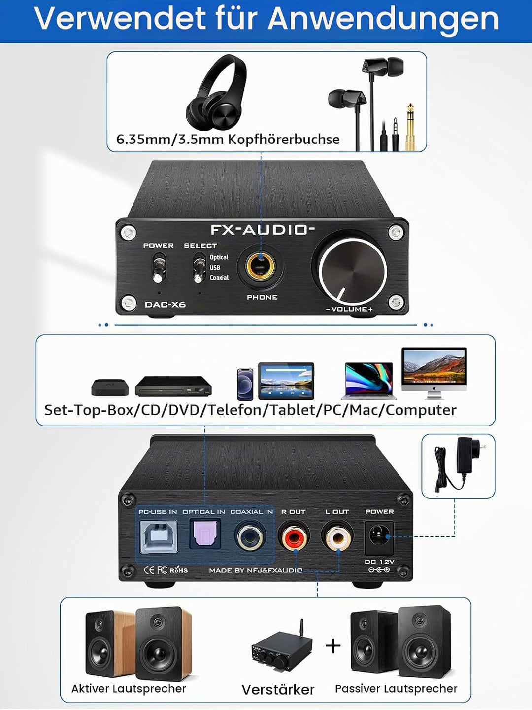 KGUSS FX-Audio DAC-X6 Mini HiFi 2.0 Digitaler Audio-Decoder DAC-Eingang USB/Koaxial/Optischer Ausgan