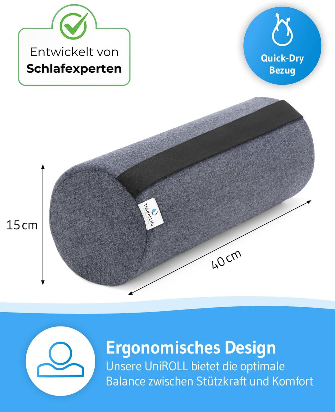 Nackenrolle UniROLL 15x40 cm mit schnelltrocknendem Thermo-Bezug | Knie-Rolle aus hochwertigem Memor