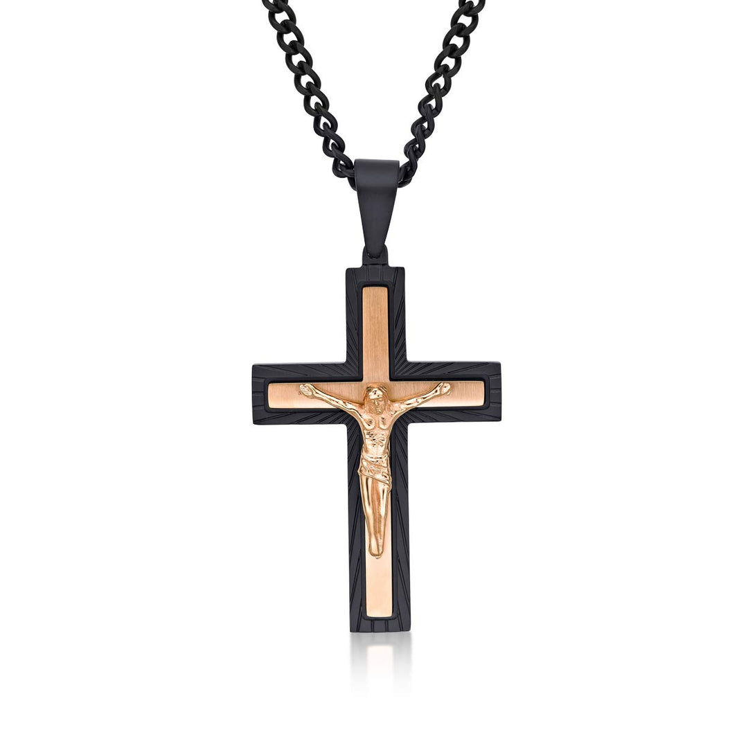 Diamant behandelt Herren Kreuz Halskette mit Schwarz &amp; Rose Gold IP Plating. Die Edelstahl massiv St