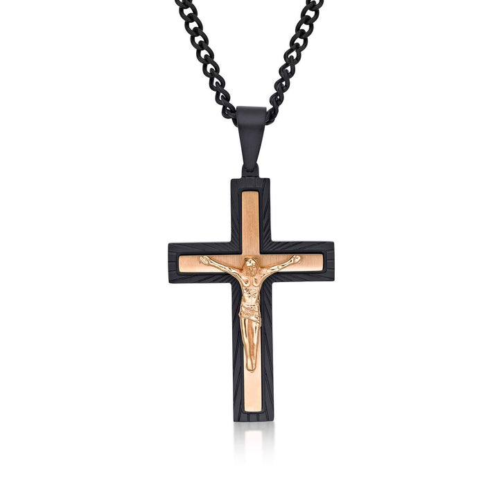 Diamant behandelt Herren Kreuz Halskette mit Schwarz &amp; Rose Gold IP Plating. Die Edelstahl massiv St