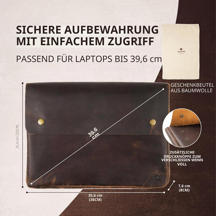 Moonster Laptoptasche Leder Herren Laptop Hülle - Geräumiges Handgefertigtes Design ohne Gurt - Rust