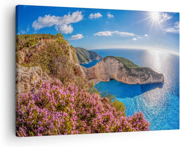 Bilder auf Leinwand Meer Sommer Blume Leinwandbild mit Rahmen 70x50cm Wandbilder Dekoration Wohnzimm