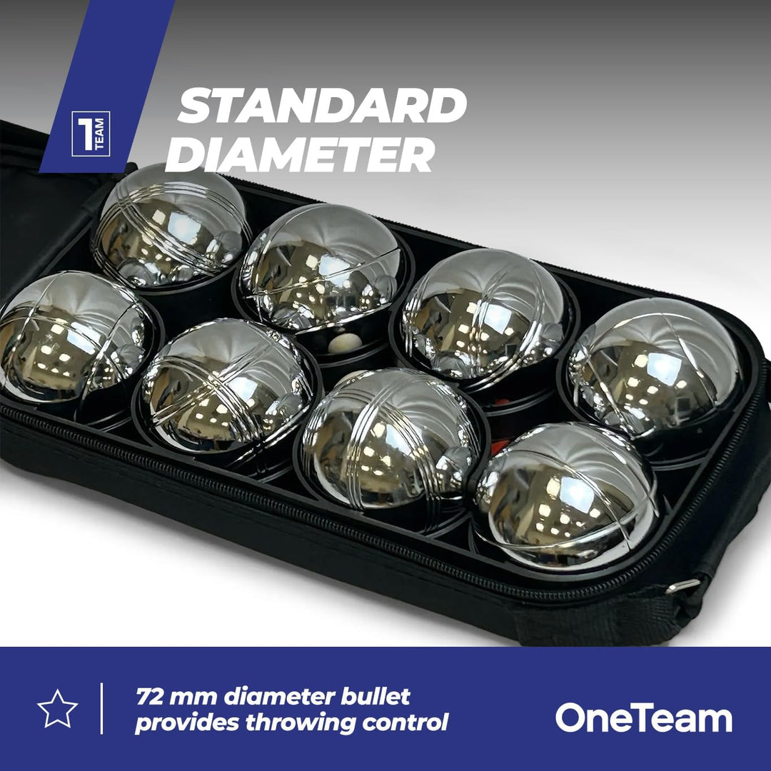 OneTeam Boule Set 8 Kugeln – Petanque Spiel für Erwachsene & Kinder – Verchromter Stahl – Silber – R