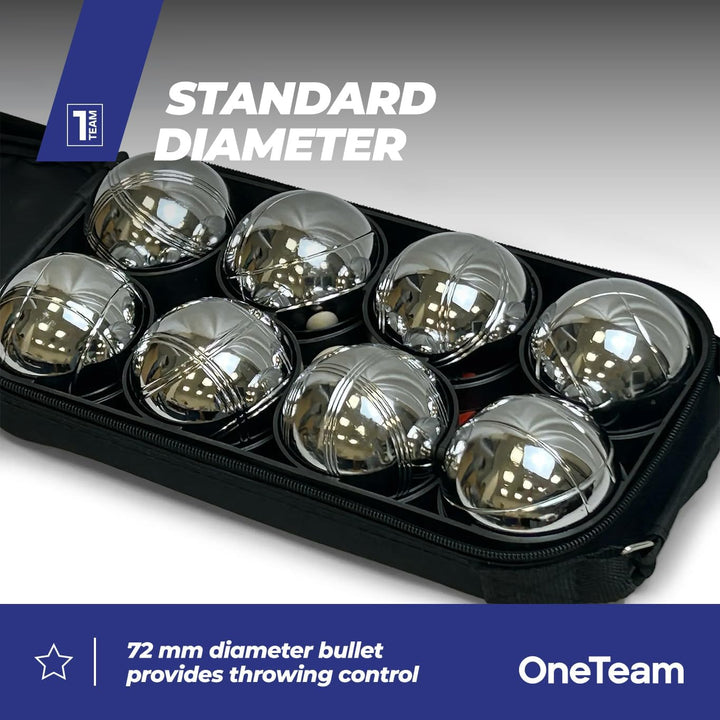 OneTeam Boule Set 8 Kugeln – Petanque Spiel für Erwachsene & Kinder – Verchromter Stahl – Silber – R