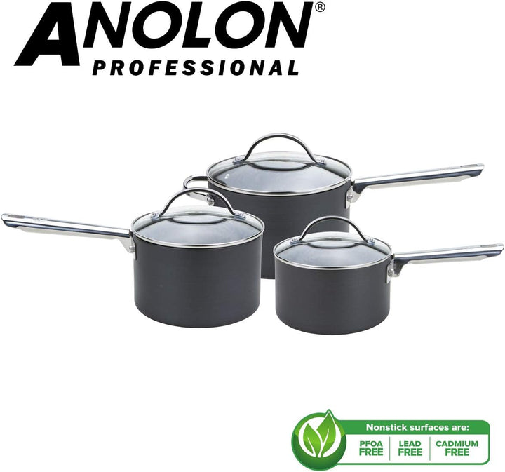 Anolon 3er Topfset - Professionelle Antihaftbeschichtung - Stielkasserolle 16/18/20cm mit Deckel - L