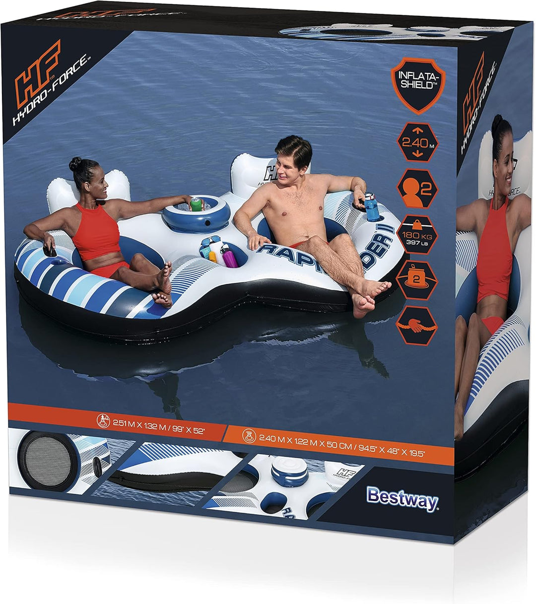 Bestway Hydro-Force 2-Personen Schwimmring mit Rückenlehne „Rapid Rider II“ 251 x 132 cm