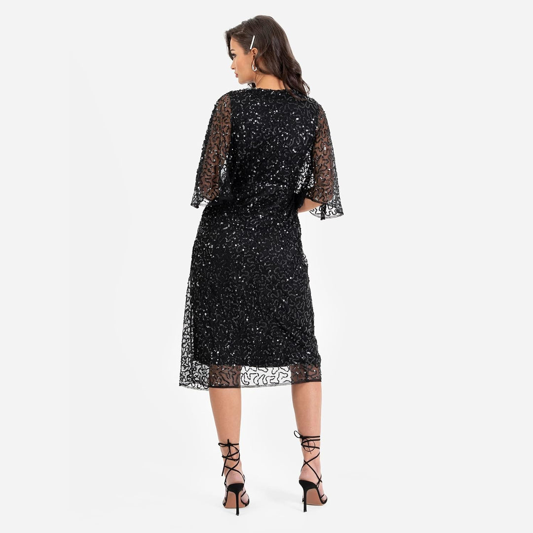 Maya Deluxe Damen Womens Midi Ladies Sequin Embellished Cape Sleeve Wrap Dress for Wedding Guest Bri