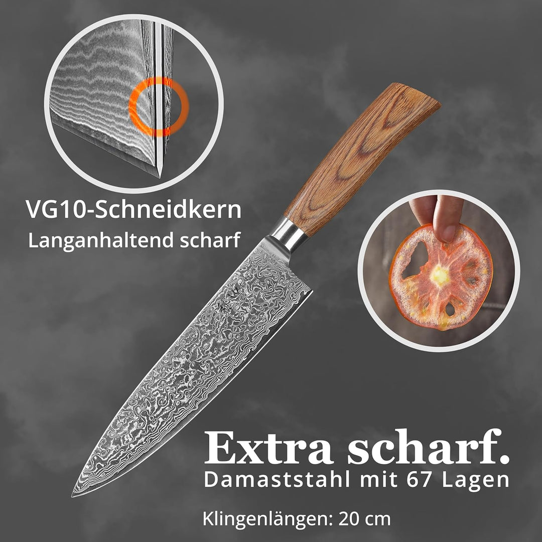 Wakoli EDIB Pro Kochmesser aus echtem Damaststahl (VG10 Kern) mit 20 cm Klinge – Scharf & ausbalanci