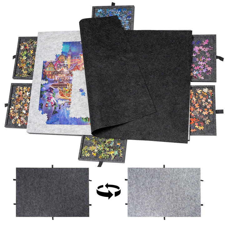 Lavievert 2-in-1 Wende-Puzzlebrett mit 6 Schubladen & Abdeckmatte, leichtes doppelseitiges Filz-Puzz