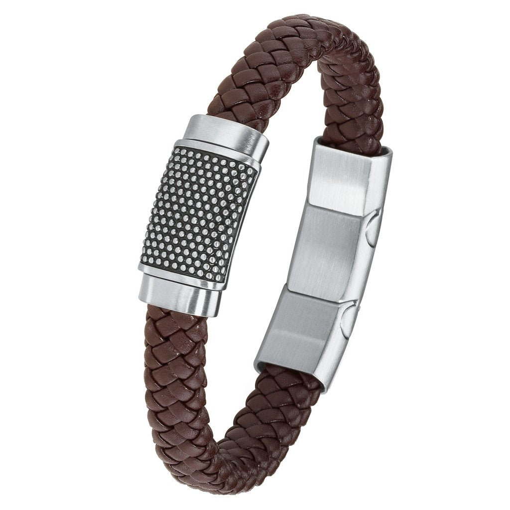 S.Oliver Herren Armband geflochten Leder Edelstahl Magnetverschluss 20+1,5 cm braun
