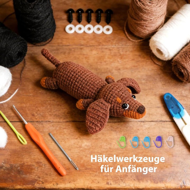 Hoypeyfiy Anfängerfreundliches Häkelset, Gestalte dein eigenes Dackel-Plüschspielzeug mit weichem Ga
