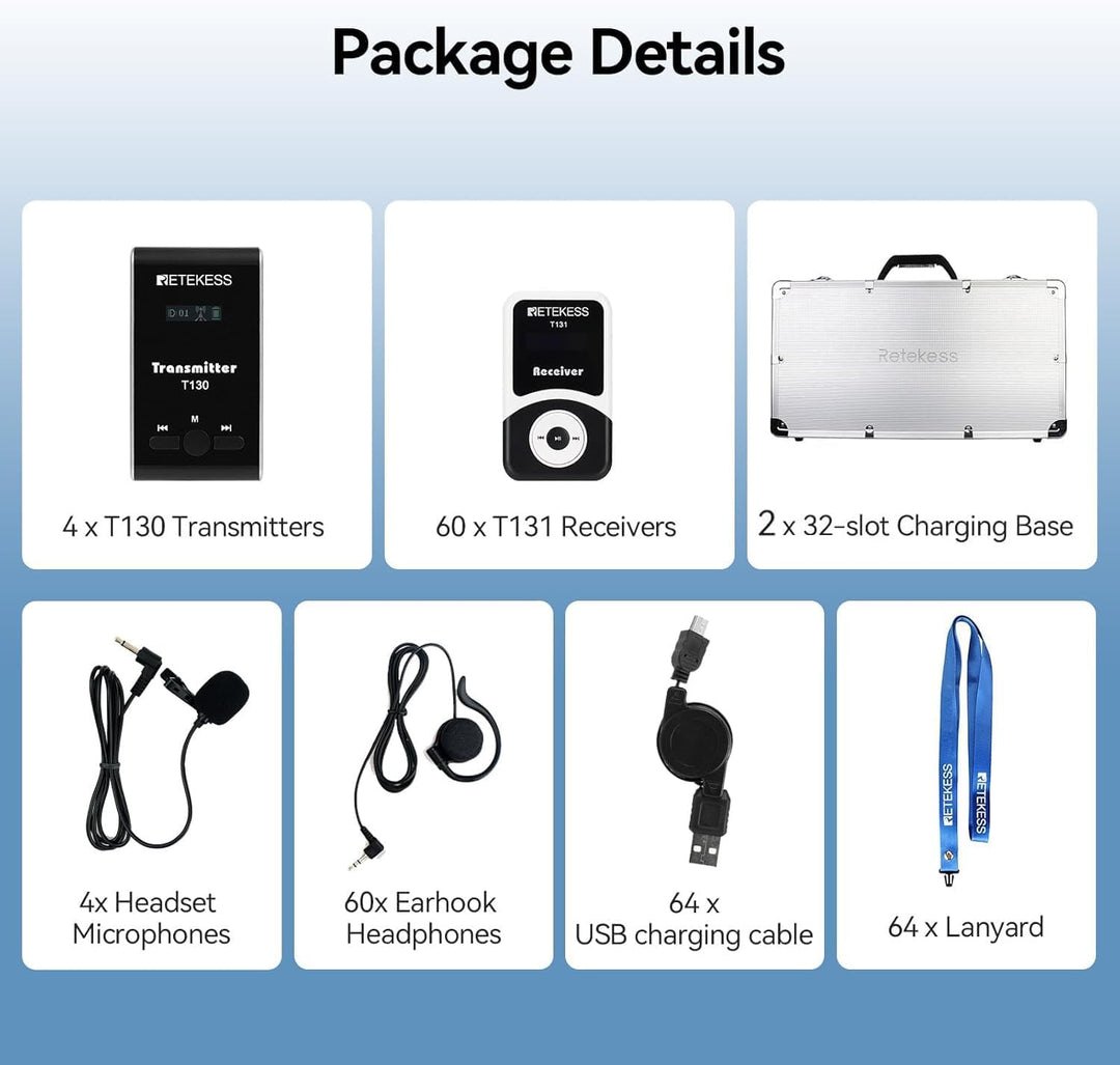 Retekess T130-T131 Tour Guide System, Tragbar Reiseleitersystem, 99 Kanal, Standby 12H, Übersetzungs
