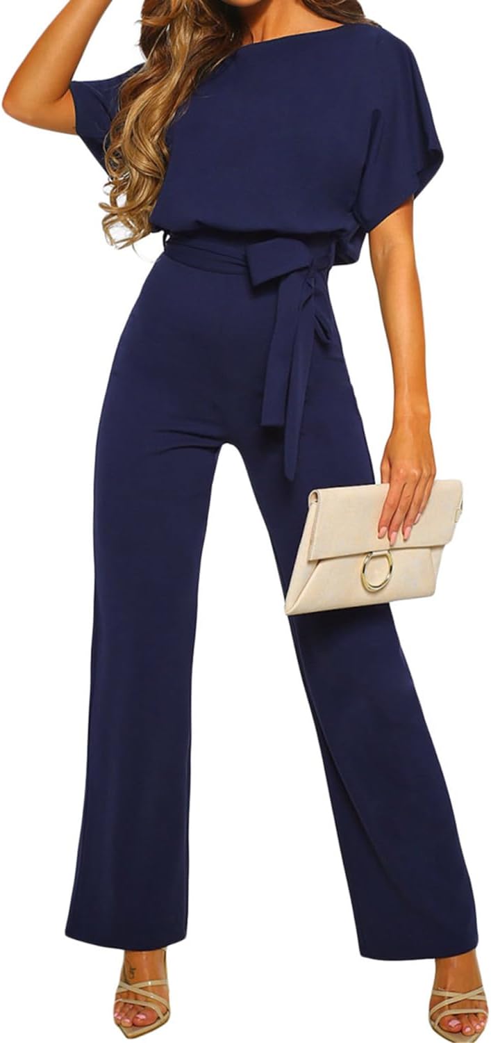 Damen Lang Jumpsuit Overall Hosenanzug Elegant Romper Kurzarm Rundhals Playsuit mit Gürtel Hosenanzu