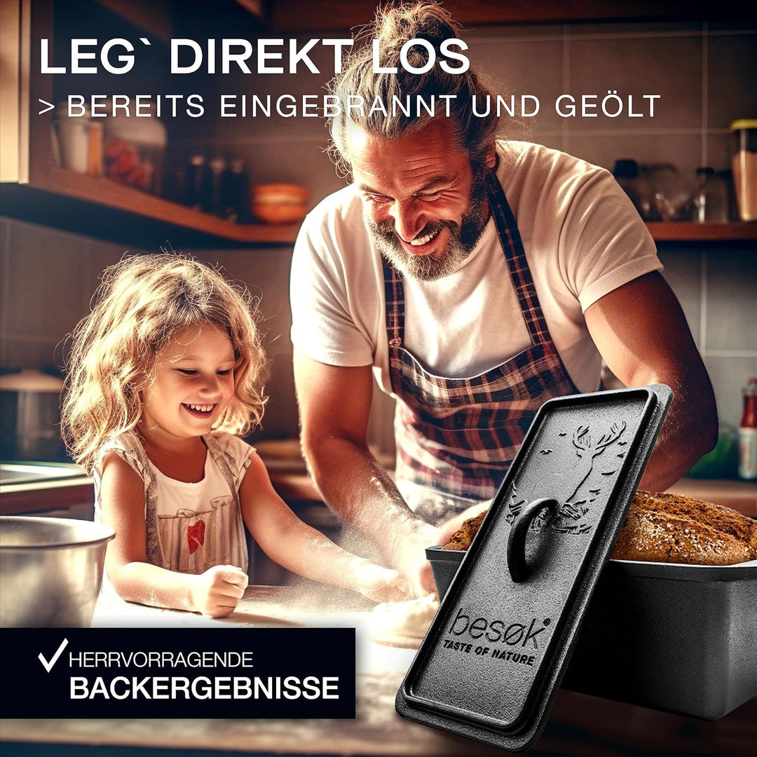 besok Brotbackform mit Deckel inkl. Rezeptheft - 28cm Gusseisen Backform Brot backen Zubehör - Kaste