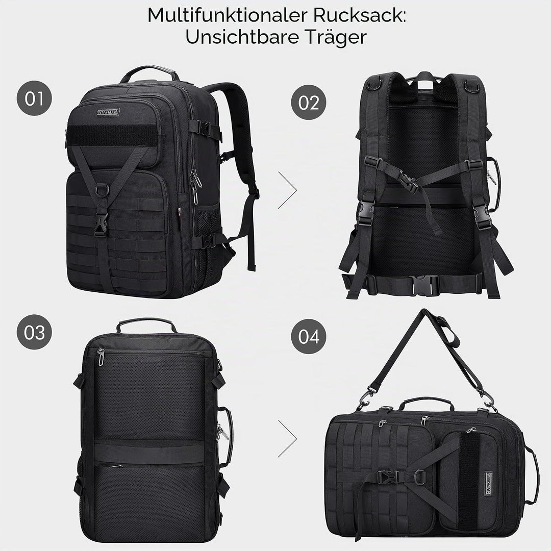 WITZMAN Reiserucksack Herren 45L Gross Nylon 3 in 1 Reisetasche Rucksack für Flugzeug Fit 17 Zoll La