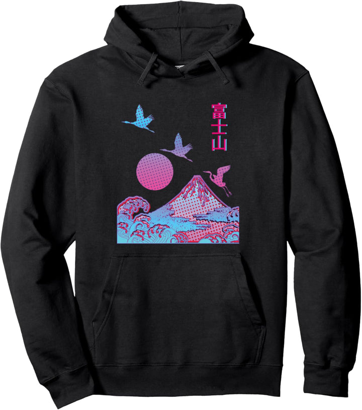 Fuji Yama Japan Otaku Kanji Japanische Reiher aufgehende rosa Sonne Pullover Hoodie