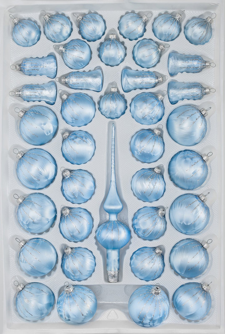 39 TLG. Glas-Weihnachtskugeln Set in Ice Blau Silber Regen- Christbaumkugeln - Weihnachtsschmuck-Chr