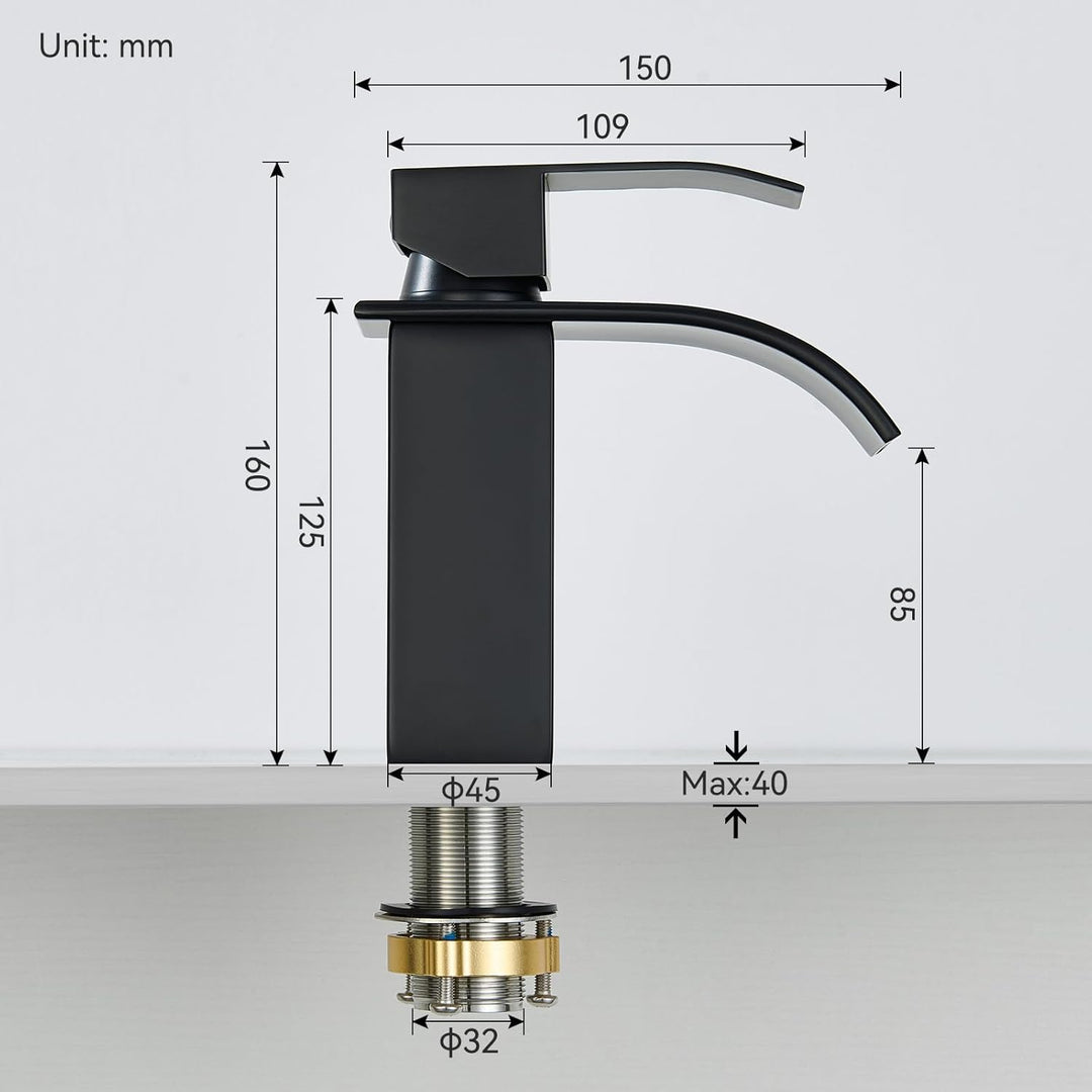 CECIPA Wasserhahn Bad Schwarz, Waschtischarmatur Wasserfall, Armatur Badezimmer Edelstahl, Waschbeck