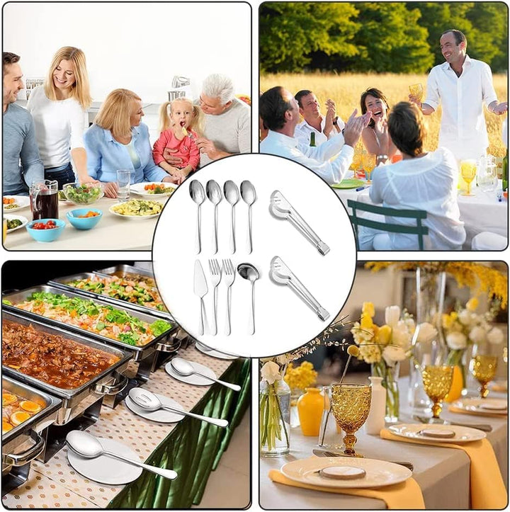 10 Stück Grosses Silber Servierutensilien-Set, Edelstahl-Servierutensilien-Set mit grossen Servierlö