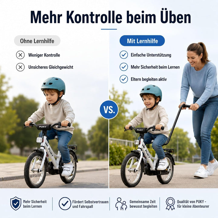 Puky Fahrradlernhilfe Sattel mit Schiebestange Schwarz & Windel Blaubaer | Schnelle Montage, Balance