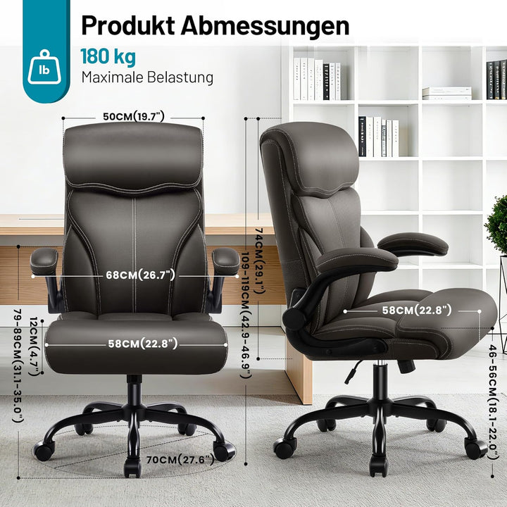 Chefsessel aus PU-Kunstleder, Bürostuhl Ergonomisch mit Verstellbaren Armlehnen und Hoher Rückenlehn