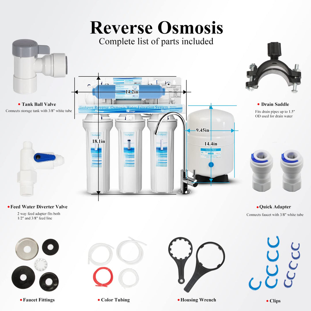 Geekpure 6-Stufiges Umkehrosmose-Trinkwasserfiltersystem mit DI-Filter TDS bis 0-75GPD