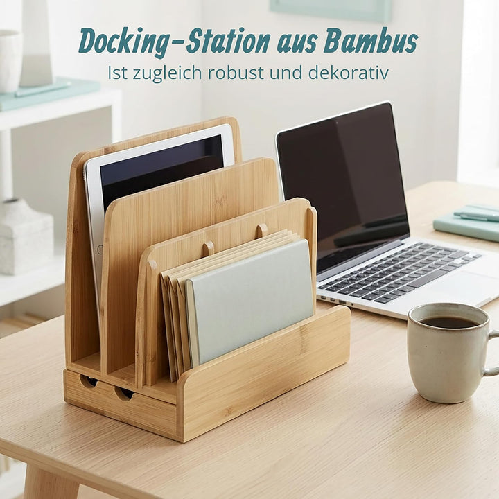 Relaxdays Ladestation Bambus, Ladestationhalter, 3 Ablagen, Smartphone, Handy, Tablets, HBT: 23 x 25