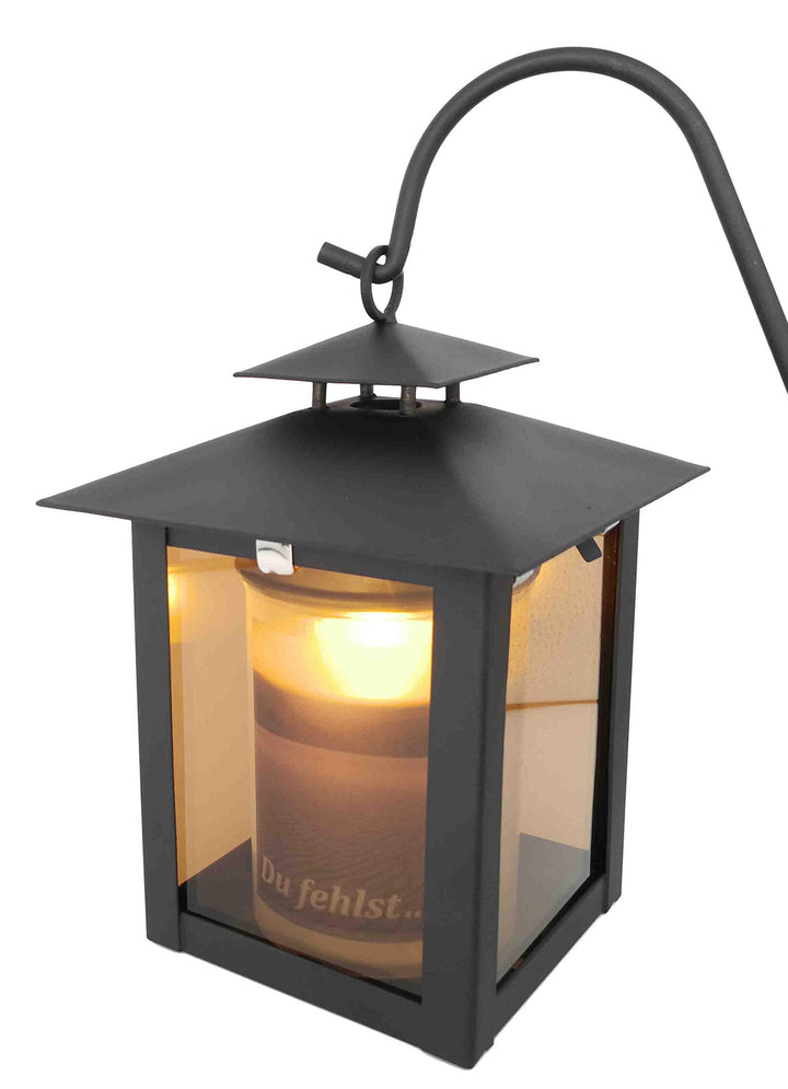 Grablaterne, Grableuchte ideal für Urnengrab aus Stahl, schwarz matt mit Echtglasscheibe inkl. 3 tlg