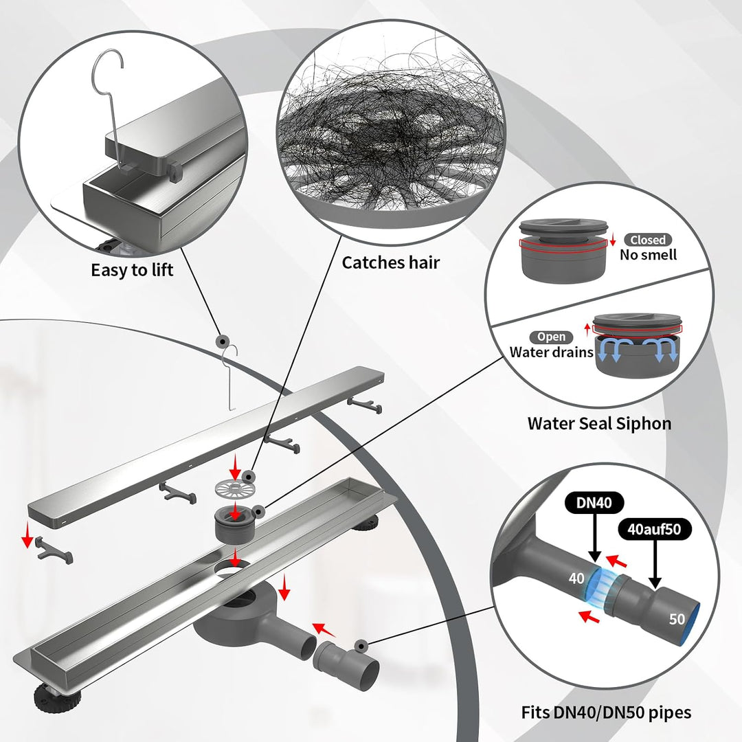 EFUTURETIME Duschrinne 80cm Edelstahl Bodenablauf Befliesbar mit Siphon L-80cm, L-80cm