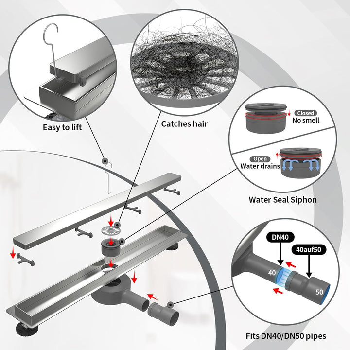 EFUTURETIME Duschrinne 80cm Edelstahl Bodenablauf Befliesbar mit Siphon L-80cm, L-80cm