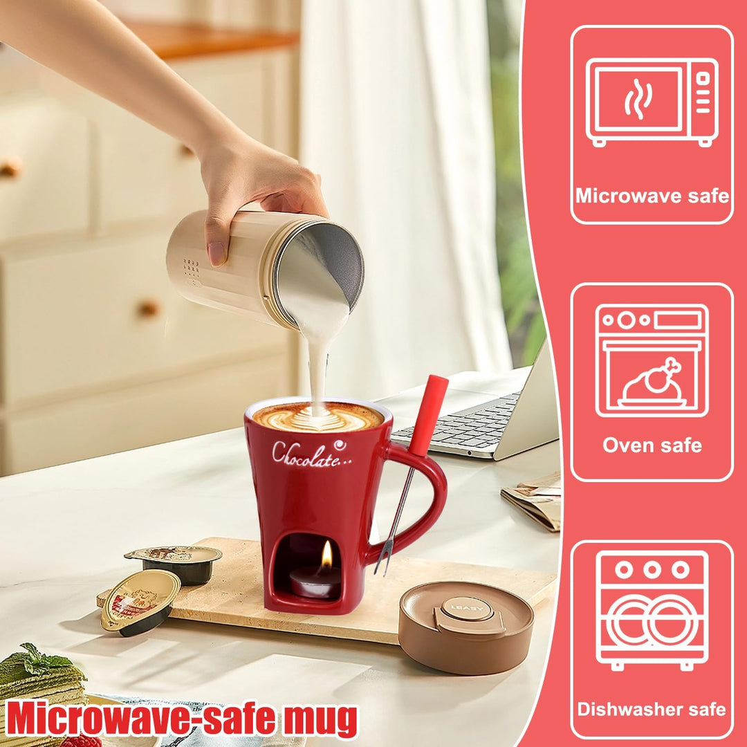 Schokoladen Fondue Becher Set, 200 ml Keramik Schokoladenfondue Tasse, Schokofondue Tasse mit Gabel