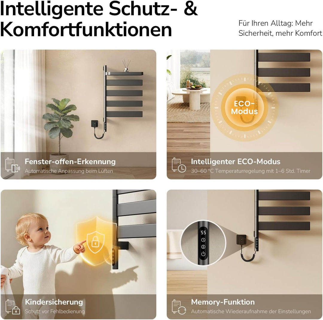 EMKE Elektrischer Handtuchheizkörper 769x450 mm, 180° schwenkbarer Badheizkörper mit WiFi-App-Steuer