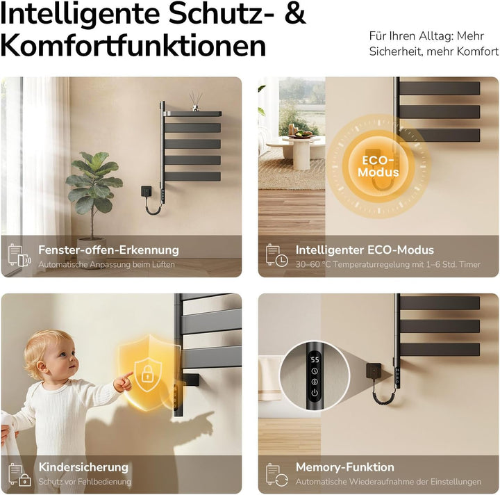 EMKE Elektrischer Handtuchheizkörper 769x450 mm, 180° schwenkbarer Badheizkörper mit WiFi-App-Steuer