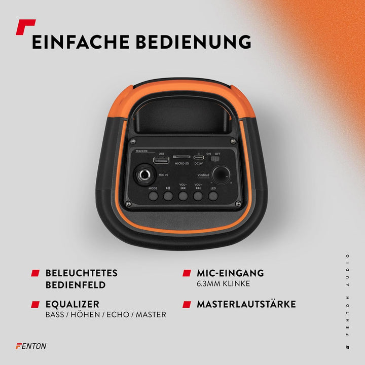 Fenton Track210 Bluetooth Lautsprecher – Party Musikbox 100 Watt mit LED Lichtshow, Akku 8 h, USB/mi