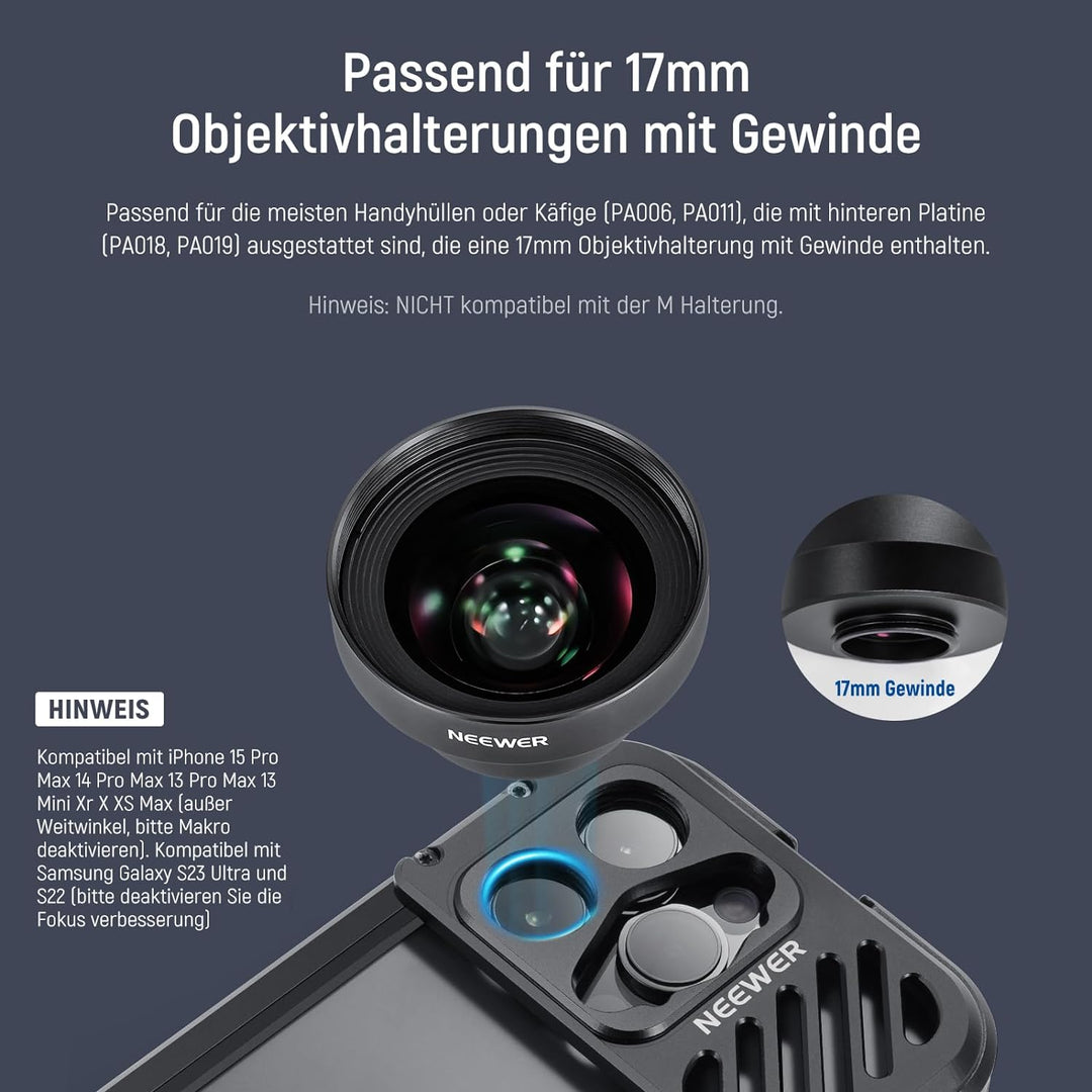 NEEWER 18mm HD 100° Weitwinkelobjektiv für 17mm Objektiv hintere Platine, 0,5X Vergrösserung, kompat