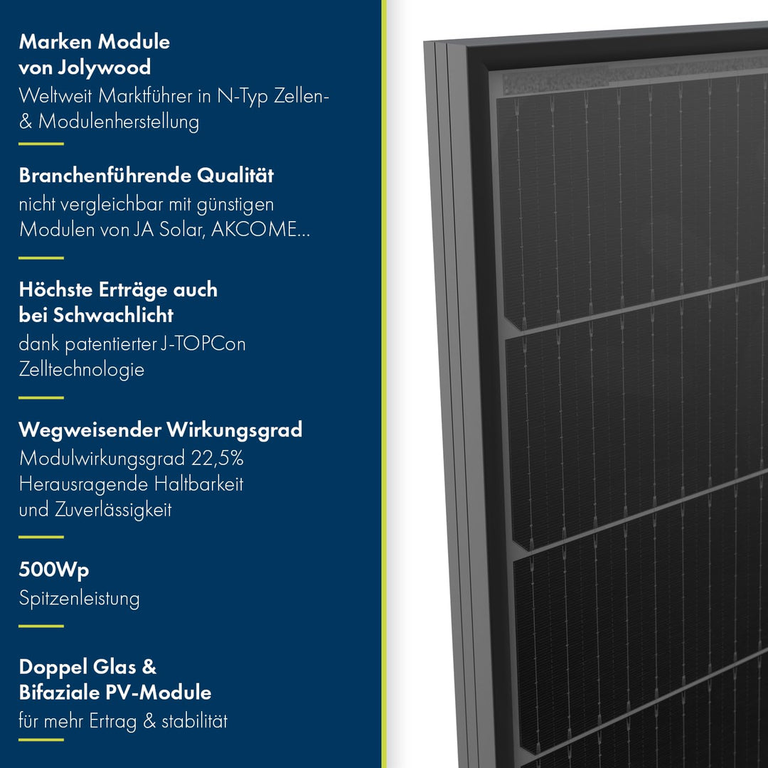 Solarpanel 4x 500W Jolywood Bifazial Glas-Glas PV-Module mit 2x2mm Glas, modernster n-Type Technolog