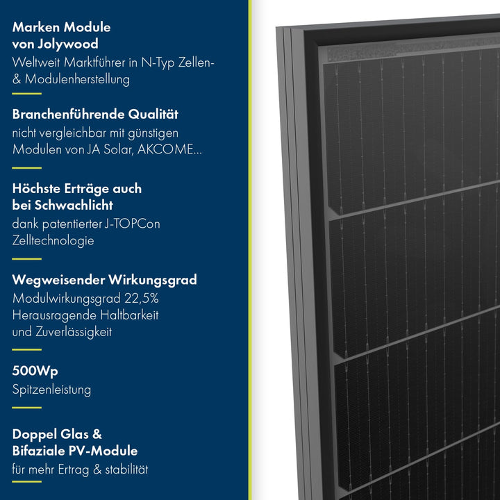 Solarpanel 4x 500W Jolywood Bifazial Glas-Glas PV-Module mit 2x2mm Glas, modernster n-Type Technolog