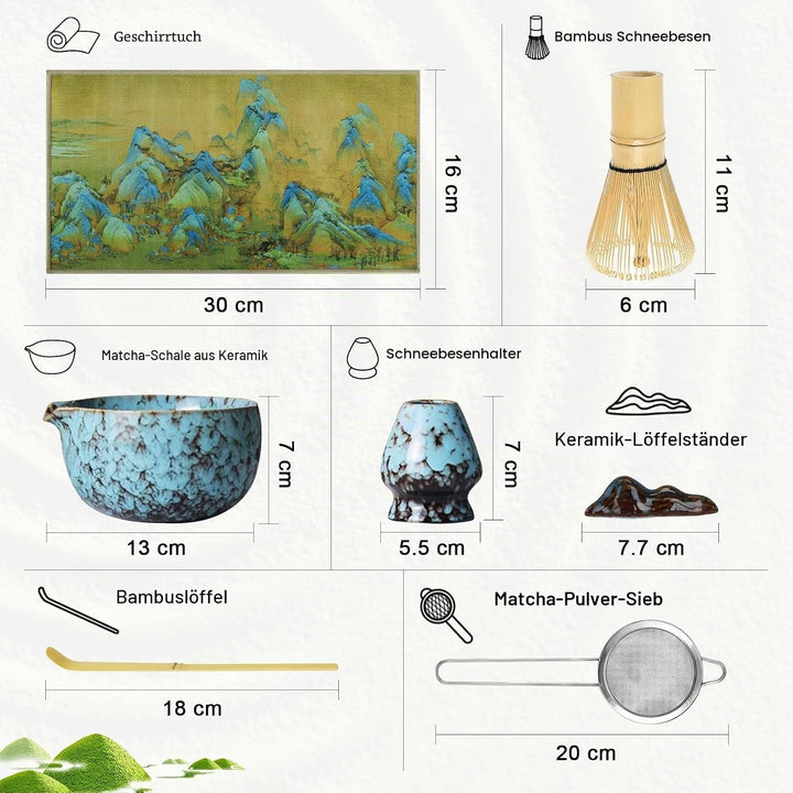 SURFOU Matcha Set 7 Stück, Matcha Schale mit Ausgiesser, Bambus-Schneebesen, Schaufel, Besenständer,