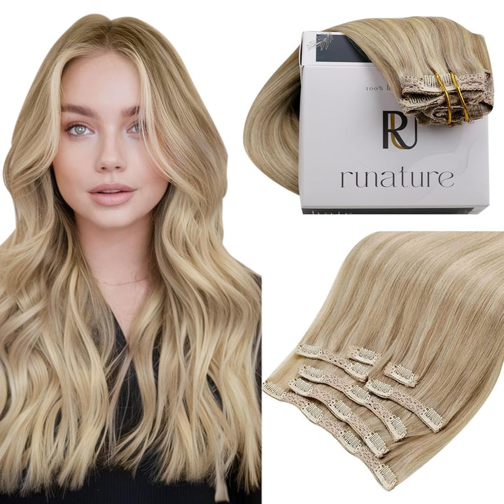 RUNATURE Clip in Extensions Echthaar Aschblond mit Goldblond 45cm 120g Echthaar Clip Extensions Remy