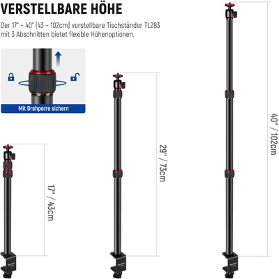 NEEWER verstellbares Kamera Tischstativ Lichtstativ mit 1/4" Kugelkopf,Klemmstativ mit 1/4" Adapter