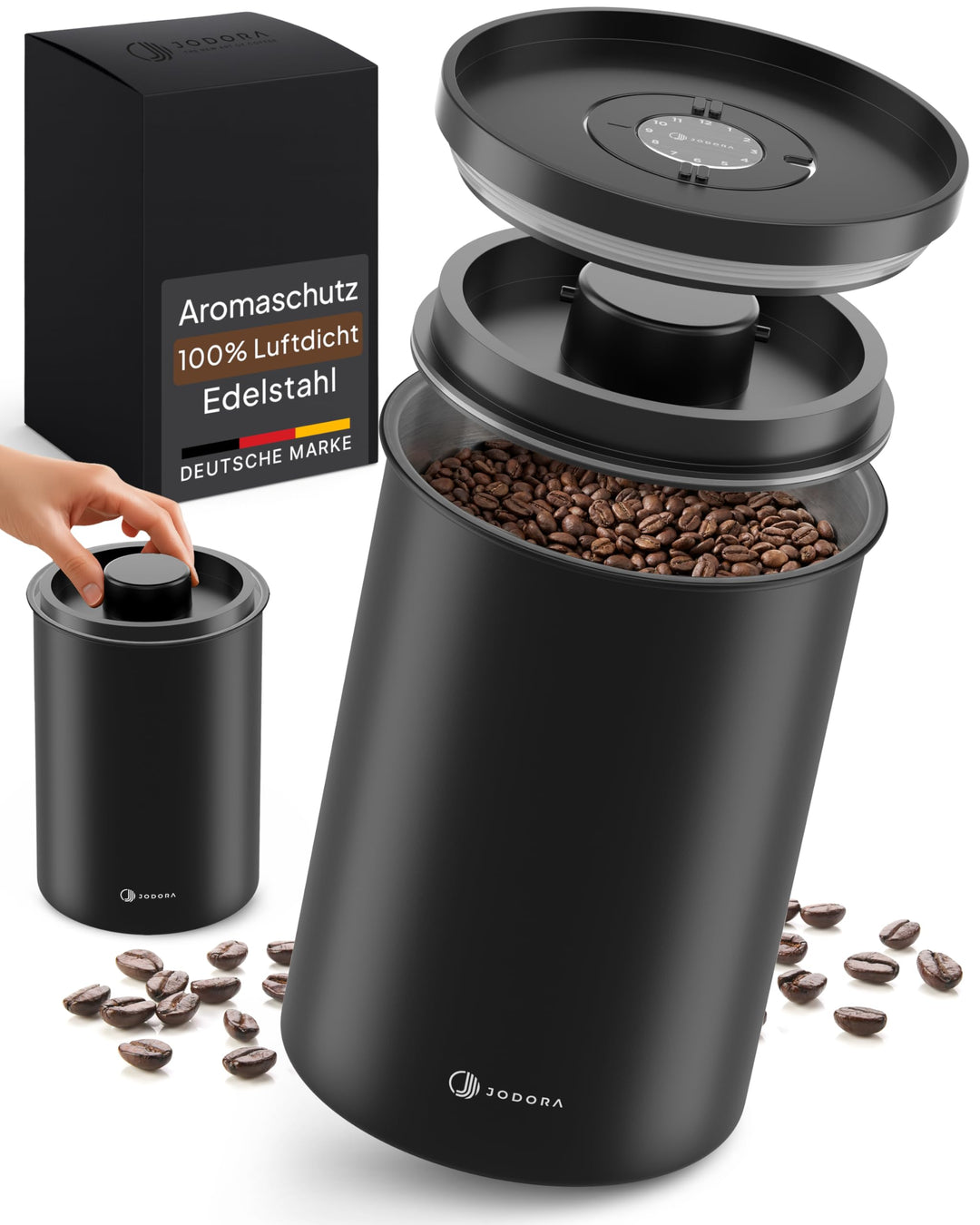 JODORA Kaffeedose Luftdicht 1KG Bohnen aus hochwertigen Edelstahl mit innovativem Vakuumverschluss -